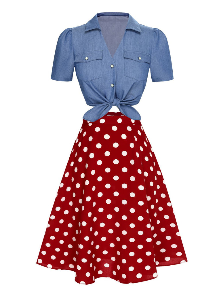 2PCS 1950s Solid Blouse & Polka Dot Skirt: a 1950s classic that whispers rather than shouts