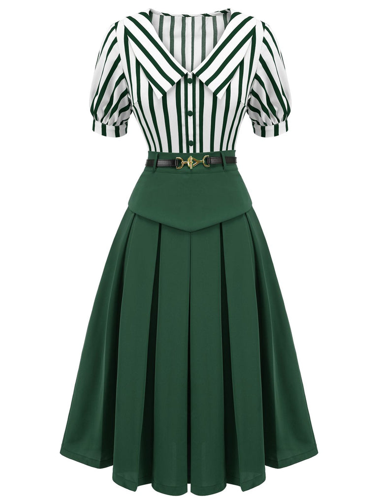 Retro Stage 1950s Lapel Green Striped Pleated Midi Dress Retro Stage 1950s Lapel Green Striped Pleated Midi Dress