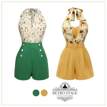 2PCS 1950s Yellow Sunflower & Green Floral Halter Romper: timeless style reimagined