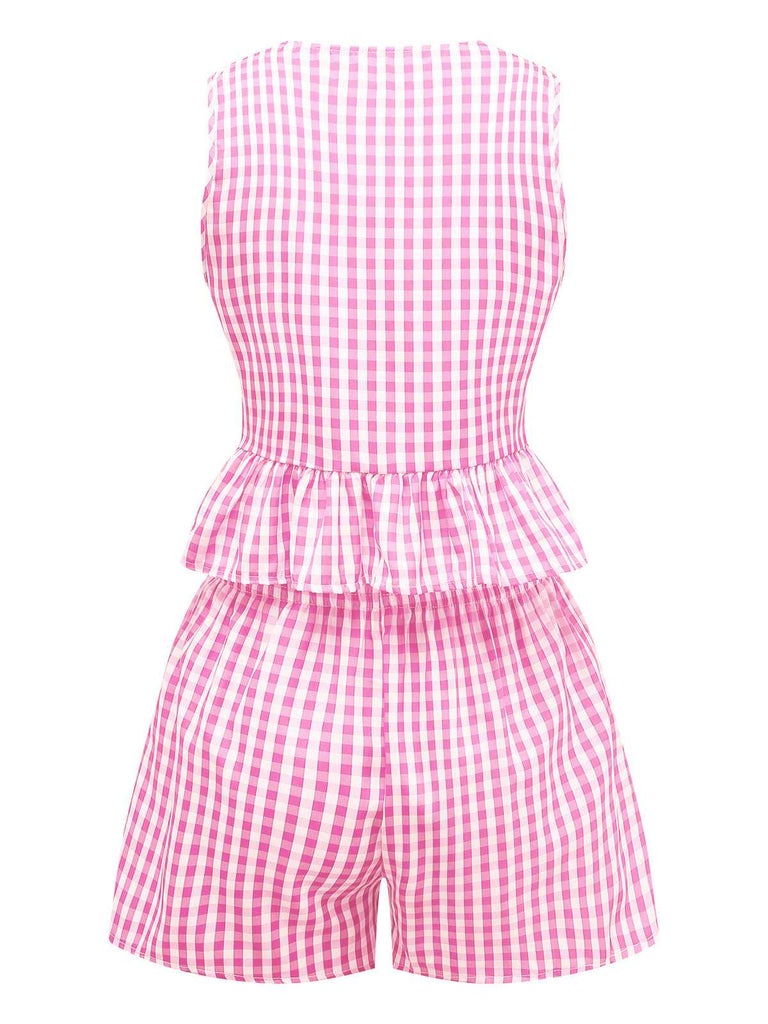 2PCS 1950s Plaid Ruffled Bow Vest & Shorts, vintage fashion, retro style - perfect for women who love vintage and retro fashion