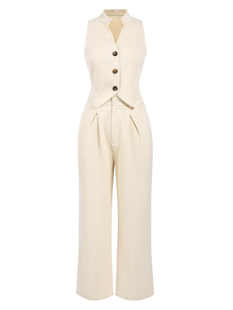 2PCS 1960s Beige Buttoned Vest Top & Pocket Wide Leg Pants, vintage top, retro blouse - perfect for women who love vintage and retro fashion