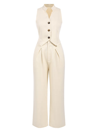 2PCS 1960s Beige Buttoned Vest Top & Pocket Wide Leg Pants, vintage top, retro blouse - perfect for women who love vintage and retro fashion