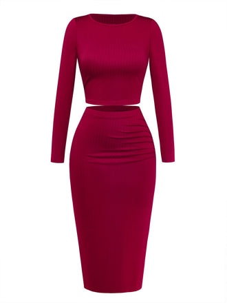 2PCS 1960s Bodycon Round Neck Top & Slit Skirt - vintage skirt, retro style