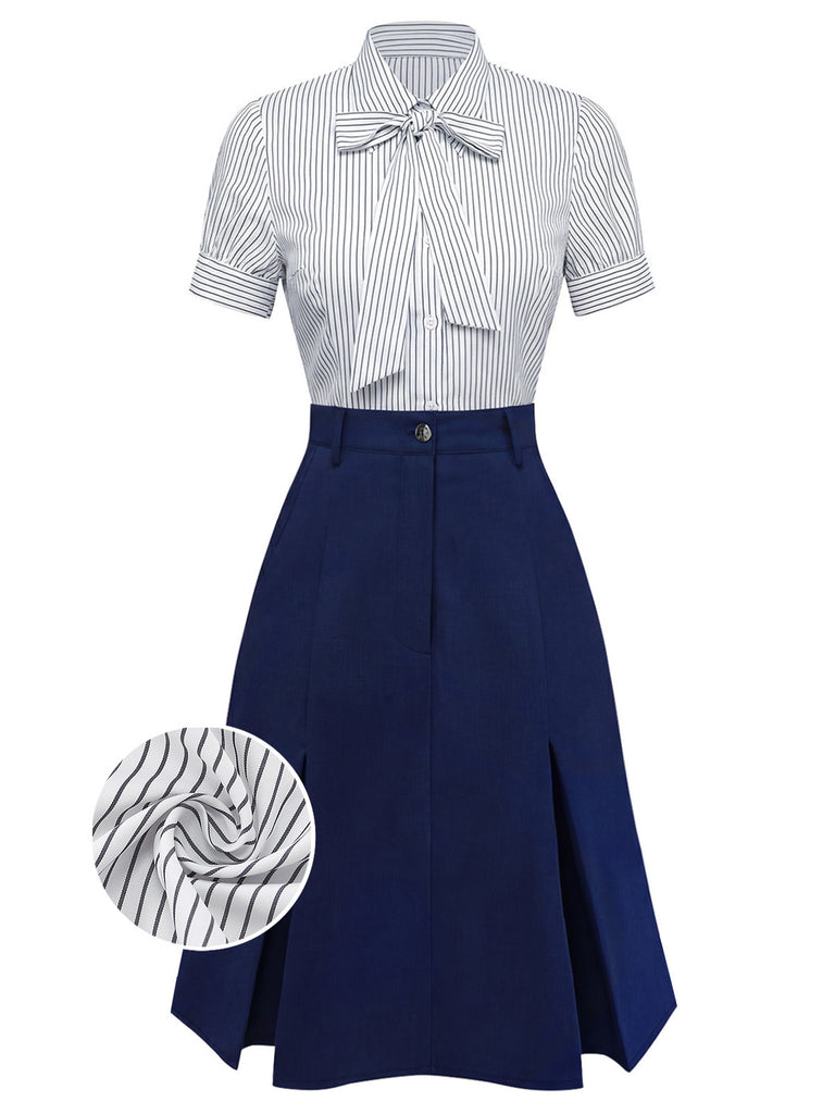 2PCS 1960s Bow-Neck Pinstripe Blouse & Denim Skirt - vintage skirt, retro style, swing skirt for vintage lovers