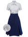 2PCS 1960s Bow-Neck Pinstripe Blouse & Denim Skirt - vintage skirt, retro style, swing skirt for vintage lovers