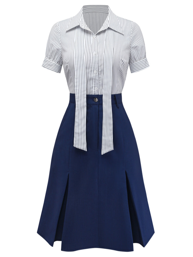 2PCS 1960s Bow-Neck Pinstripe Blouse & Denim Skirt: beautiful vintage skirt, retro style, swing skirt with timeless appeal