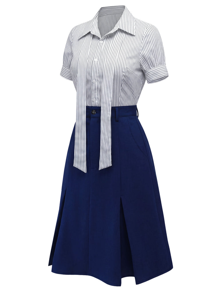 2PCS 1960s Bow-Neck Pinstripe Blouse & Denim Skirt | vintage skirt, retro style, swing skirt - perfect for retro fashion enthusiasts