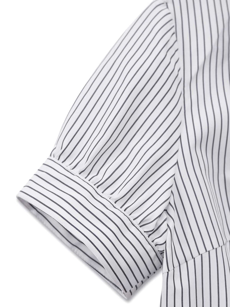 2PCS 1960s Bow-Neck Pinstripe Blouse & Denim Skirt - vintage skirt, retro style, swing skirt for vintage lovers