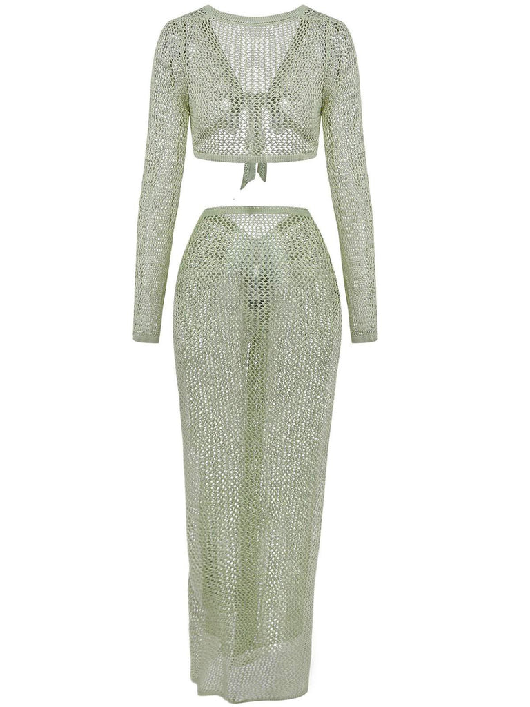 2PCS Green 1960s Crochet Long Sleeve Beach Cover-Up Set 2PCS Green 1960s Crochet Long Sleeve Beach Cover-Up Set