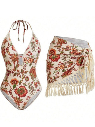 2PCS 1960s Deep V-Neck Fringe Swimsuit & Cover-Up - vintage swimsuit, pin-up style