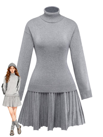 2PCS 1960s Knit Turtleneck Sweater & Pleated Skirt - vintage skirt, retro style