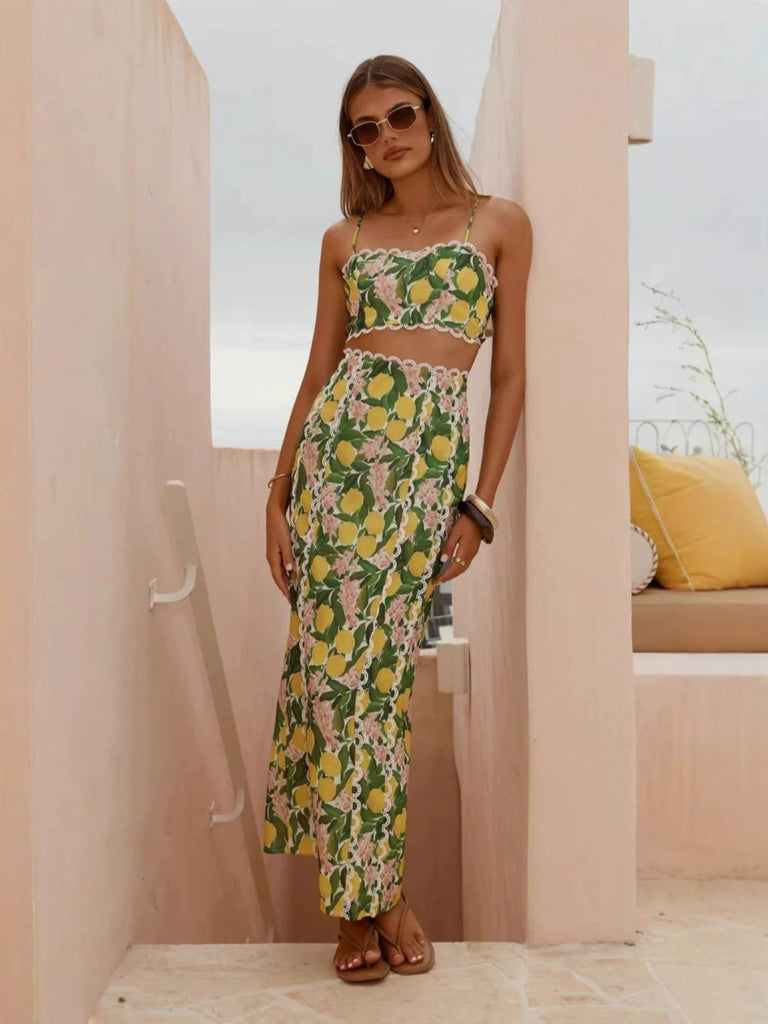 2PCS 1960s Lace Lemon Slip Top & Maxi Skirt - vintage skirt, retro style