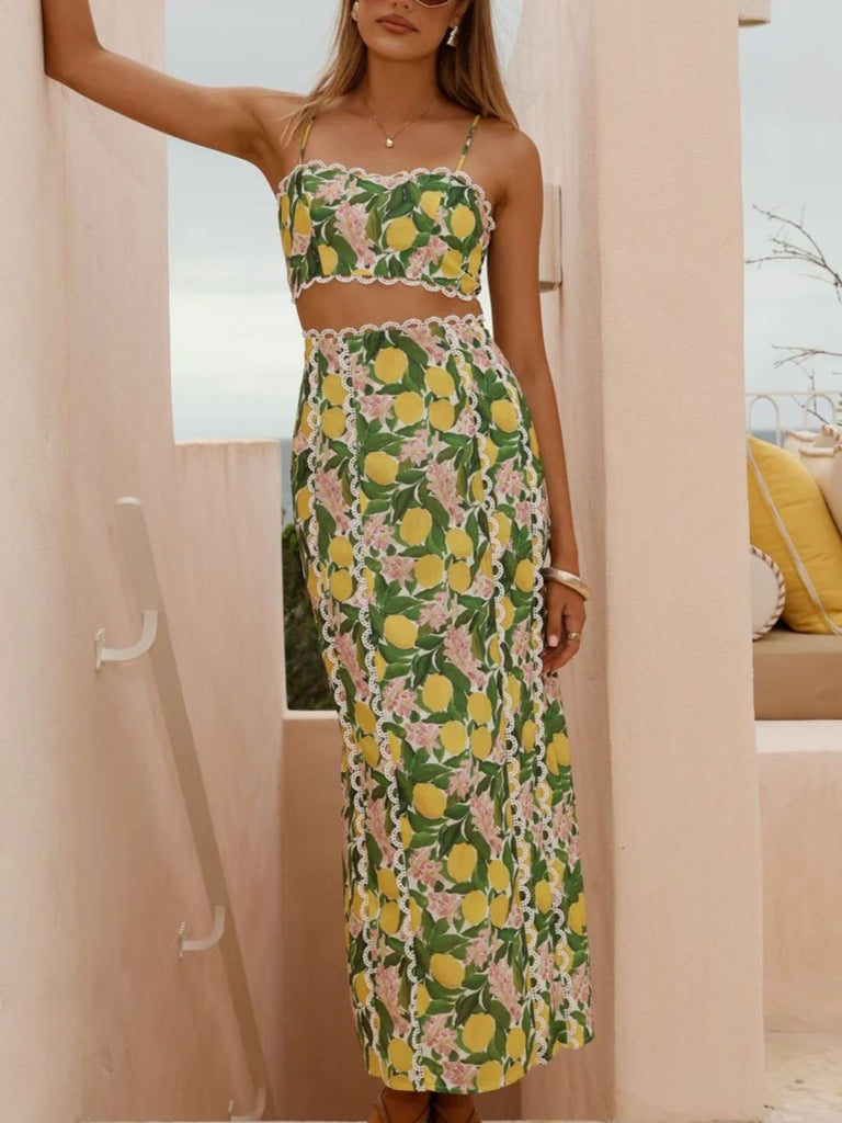2PCS 1960s Lace Lemon Slip Top & Maxi Skirt - vintage skirt, retro style