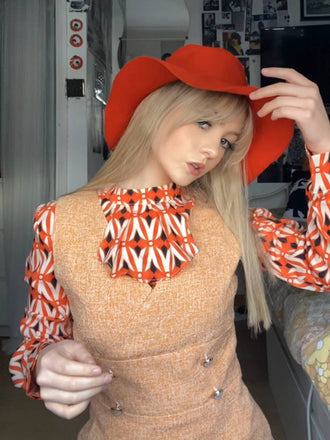 She slips into this 2PCS 1960s Orange Blouse & Tweed Mini Dress and suddenly it's a 1960s daydream