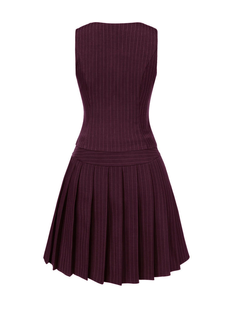 2PCS Dark 1960s Pinstripes Top & Pleated Skirt — 1960s elegance she can wear anywhere