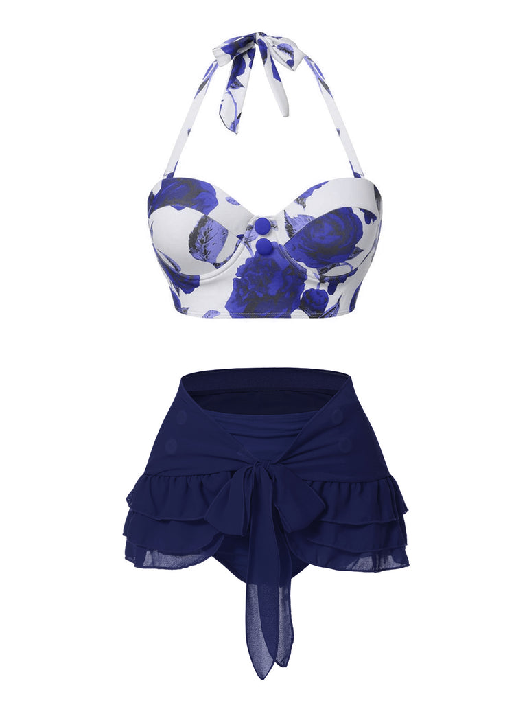 This 2PCS 1960s Roses Halter Swimsuit & Skirt Cover-Up carries 1960s vacation dreams in every stitch