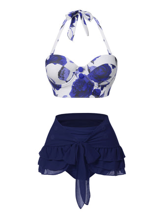 This 2PCS 1960s Roses Halter Swimsuit & Skirt Cover-Up carries 1960s vacation dreams in every stitch