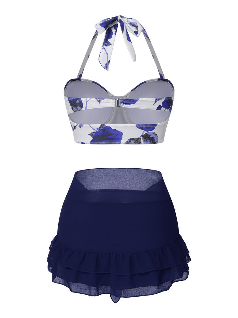 2PCS 1960s Roses Halter Swimsuit & Skirt Cover-Up — because 1960s glamour never goes out of style