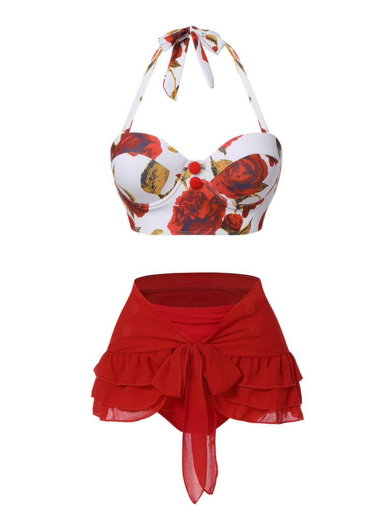 2PCS 1960s Roses Halter Swimsuit & Skirt Cover-Up: 1960s Riviera elegance, reimagined for her