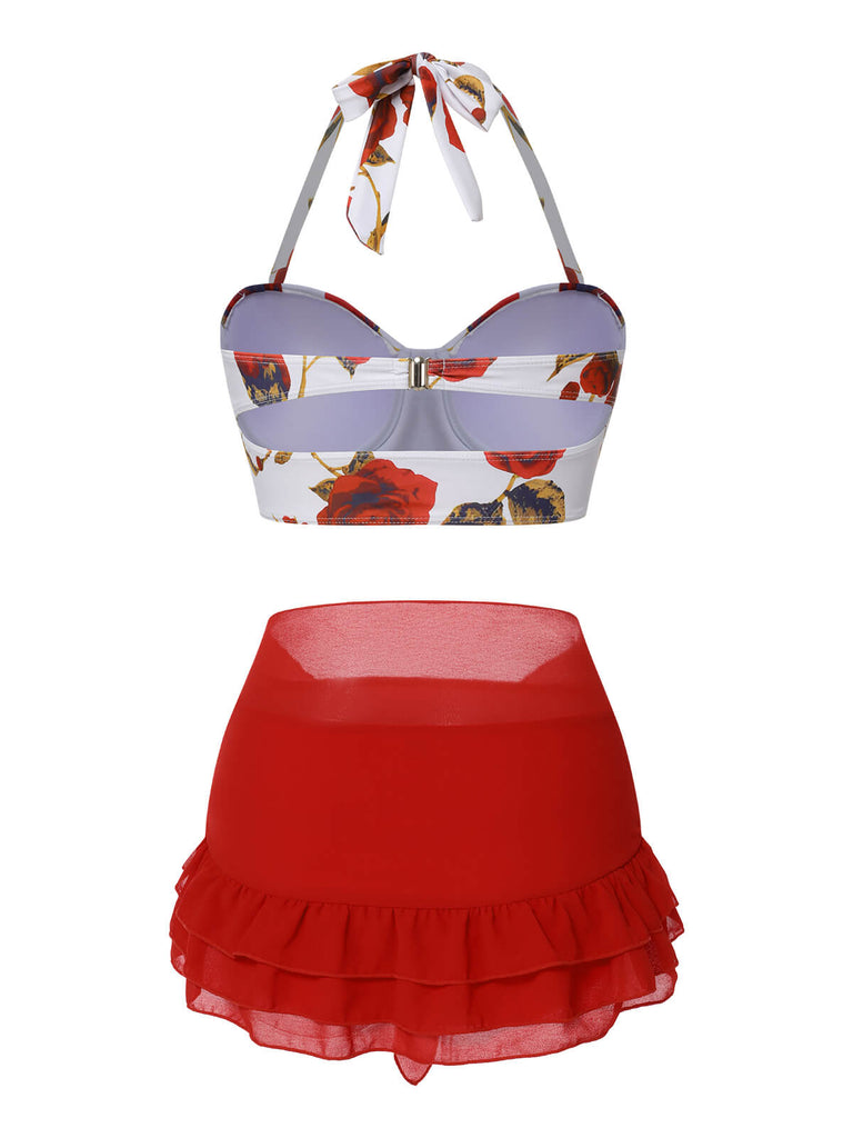This 2PCS 1960s Roses Halter Swimsuit & Skirt Cover-Up carries 1960s vacation dreams in every stitch