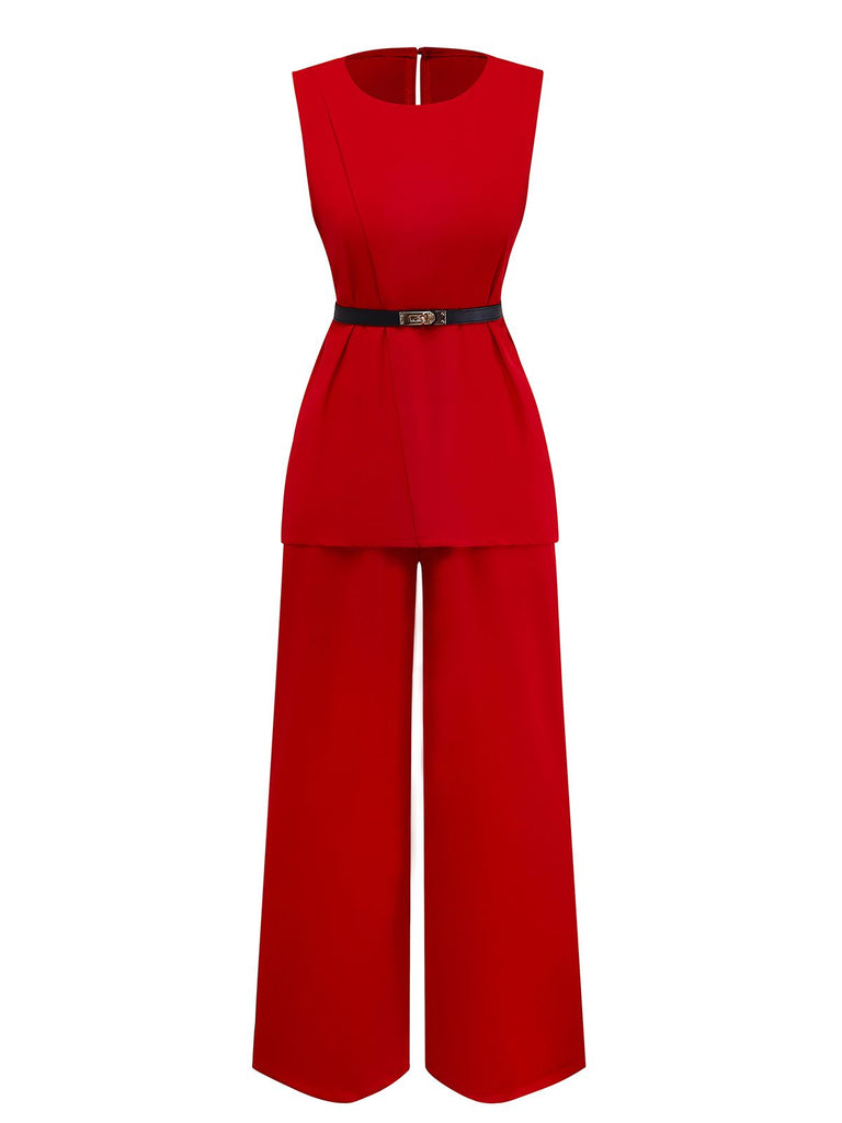 2PCS 1960s Sleeveless Vest & Belted Waist Pants - vintage fashion, retro style