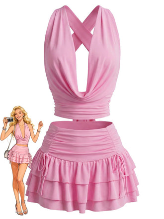 2PCS 1960s Solid Ruffled Crop Cowl Top & Mini Skirt - vintage skirt, retro style