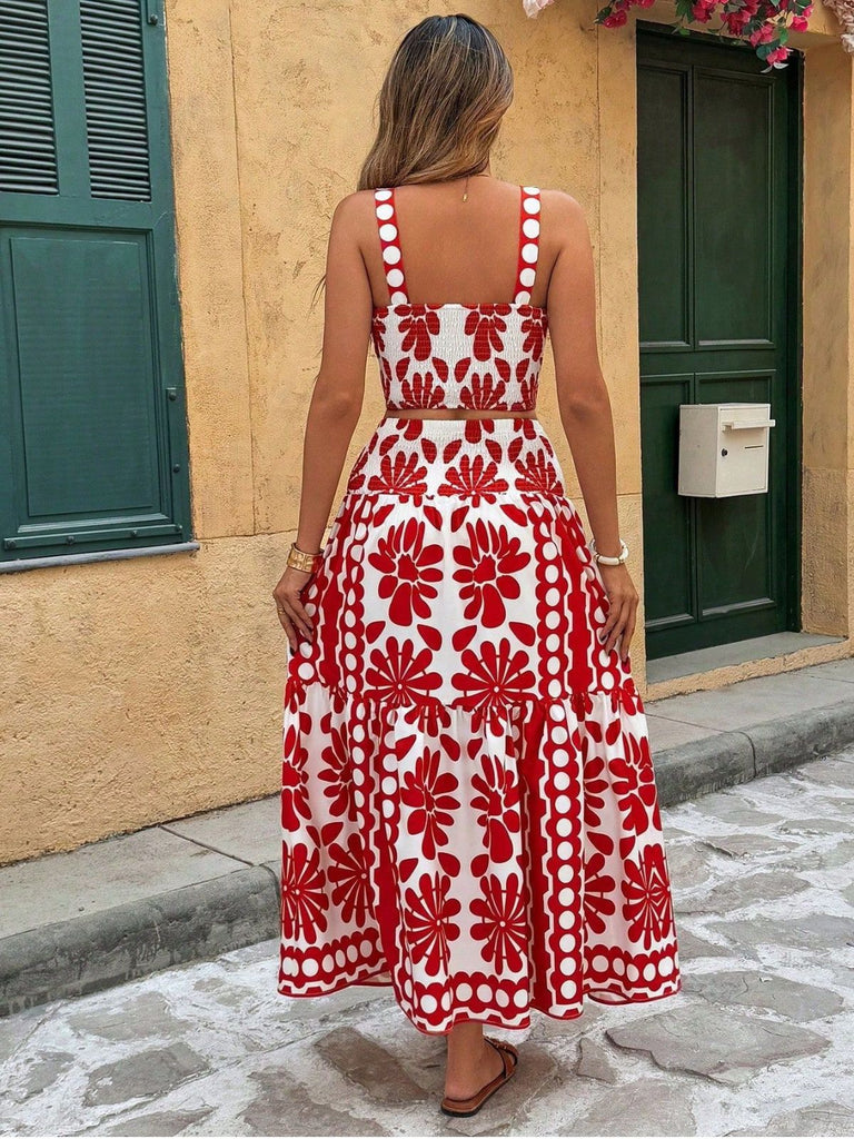 2PCS 1960s Square Neck Geometric Floral Top & Maxi Skirt, vintage skirt, retro style - perfect for women who love vintage and retro fashion