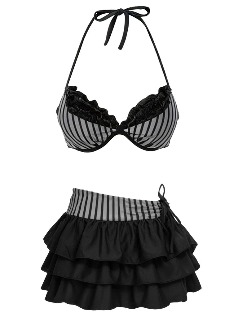 2PCS 1960s Striped Halter Bikini Set & Tiered Cover-Up: beautiful vintage swimwear, retro swimsuit, pin-up style with timeless appeal