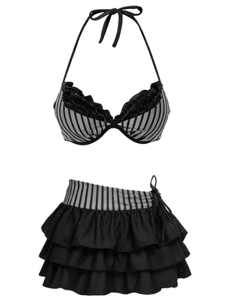 She's wearing 2PCS 1960s Striped Halter Bikini Set & Tiered Cover-Up and the whole beach remembers the 1960s