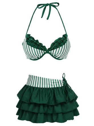 [Pre-Sale] 2PCS Green 1960s Striped Halter Bikini Set & Tiered Cover-Up