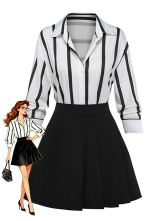 2PCS 1960s Striped Shirt & Asymmetric Pleated Skirt, vintage skirt, retro style - perfect for women who love vintage and retro fashion