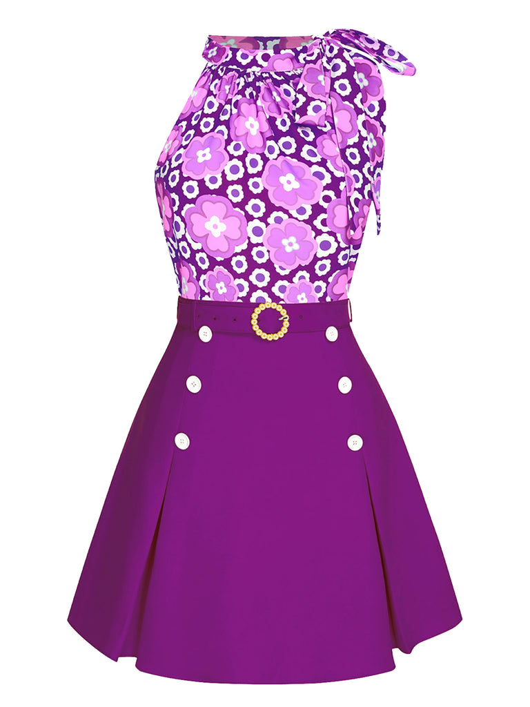She pairs this 2PCS 1960s Tie Neck Floral Top & Button Solid Skirt with confidence and 1960s charm