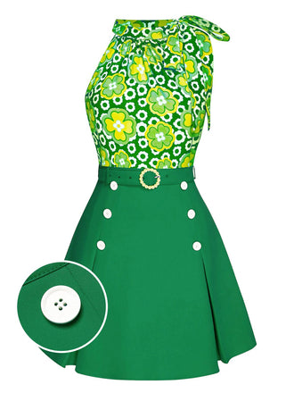 She pairs this 2PCS 1960s Tie Neck Floral Top & Button Solid Skirt with confidence and 1960s charm