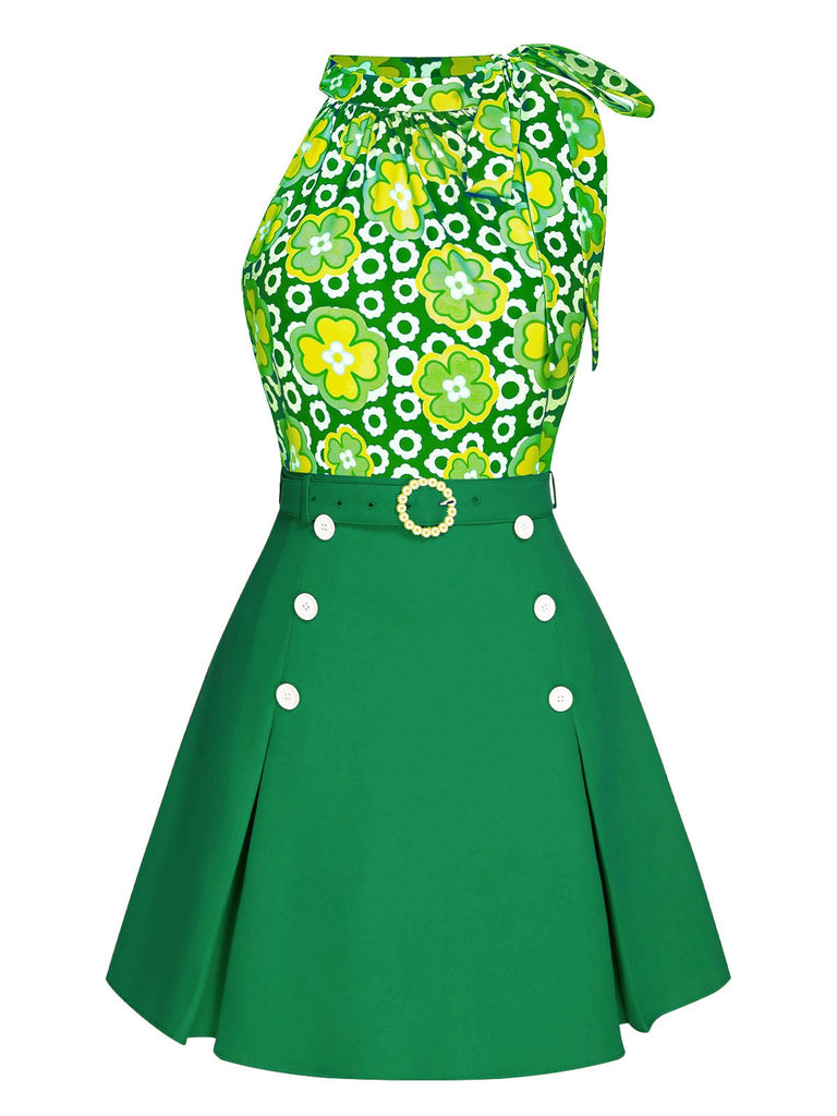 2PCS 1960s Tie Neck Floral Top & Button Solid Skirt: a 1960s classic that whispers rather than shouts