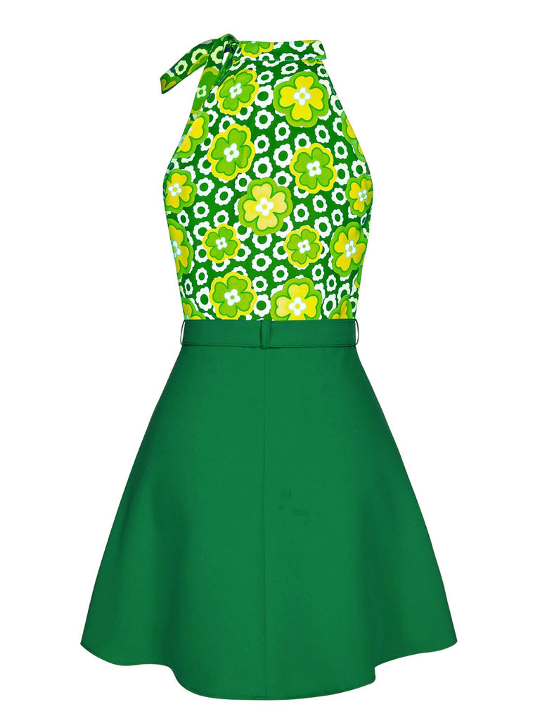 2PCS 1960s Tie Neck Floral Top & Button Solid Skirt — 1960s elegance she can wear anywhere