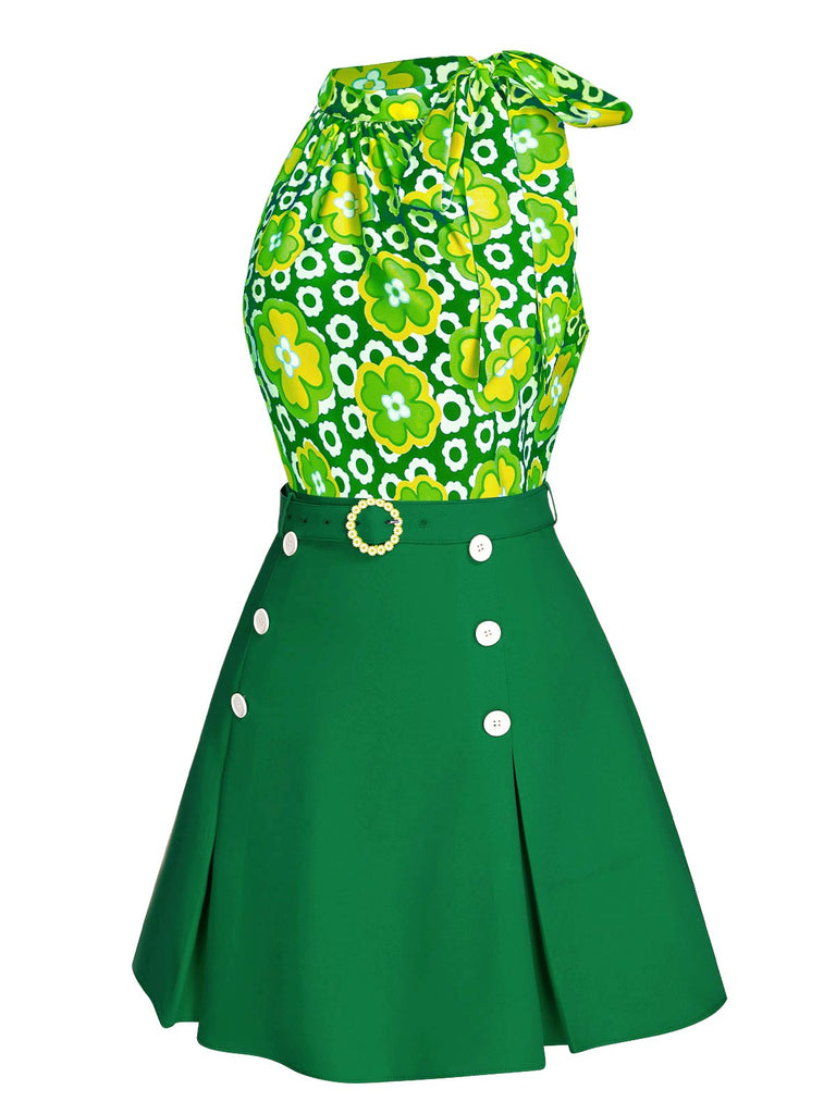 2PCS 1960s Tie Neck Floral Top & Button Solid Skirt — 1960s elegance she can wear anywhere