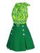 2PCS 1960s Tie Neck Floral Top & Button Solid Skirt — 1960s elegance she can wear anywhere