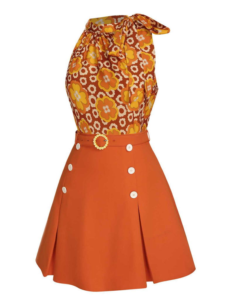 2PCS 1960s Tie Neck Floral Top & Button Solid Skirt — 1960s elegance she can wear anywhere