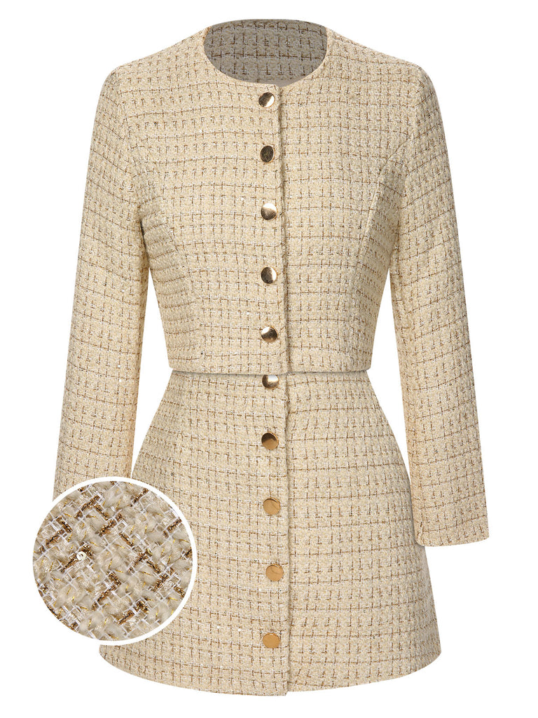 She throws on this 2PCS 1960s Tweed Cropped Coat & A-Line Skirt and the city feels like 1960s Paris