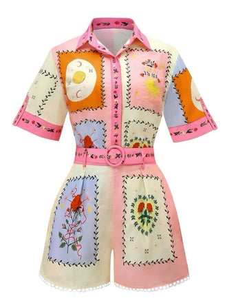 2PCS 1970s Boho Floral Blouse & Belted Shorts - vintage fashion, retro style