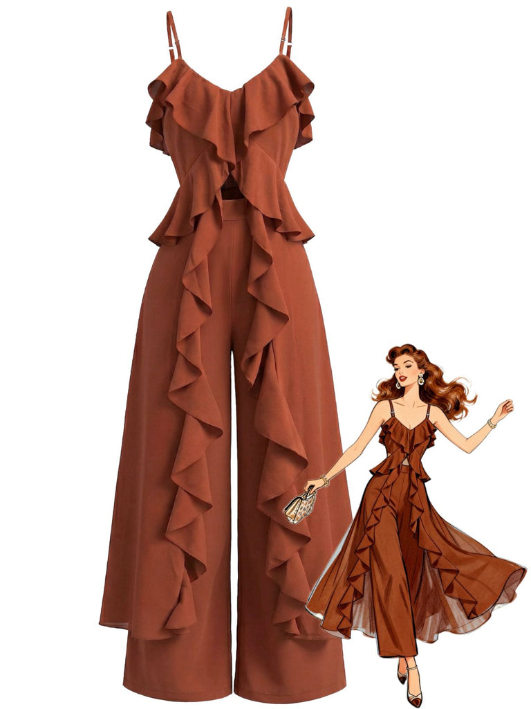 Brown 1970s Lace Cutout Pants Set