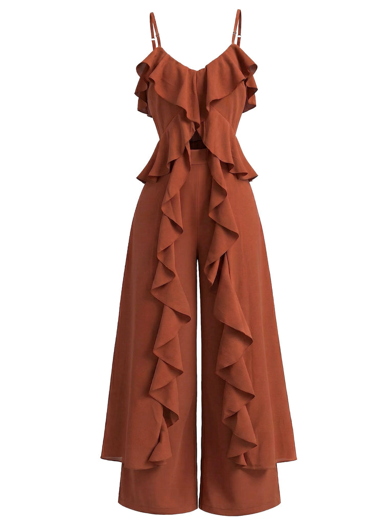 Brown 1970s Lace Cutout Pants Set 2