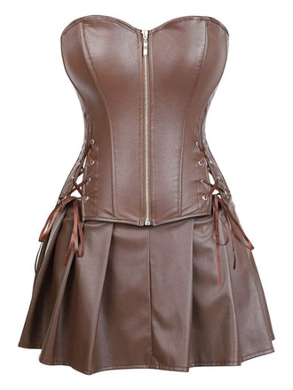This 2PCS 1970s Gothic Faux Leather Bandeau Corset & Skirt spins 1970s stories with every step