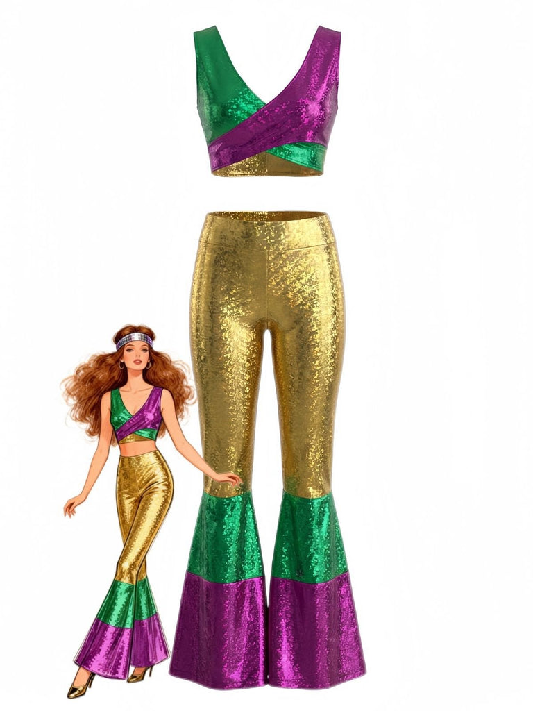 2PCS 1970s Metallic Crop Top & Flare Pants - vintage fashion, retro style