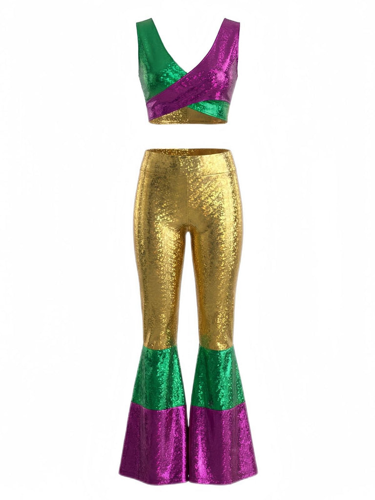 2PCS 1970s Metallic Crop Top & Flare Pants - vintage fashion, retro style