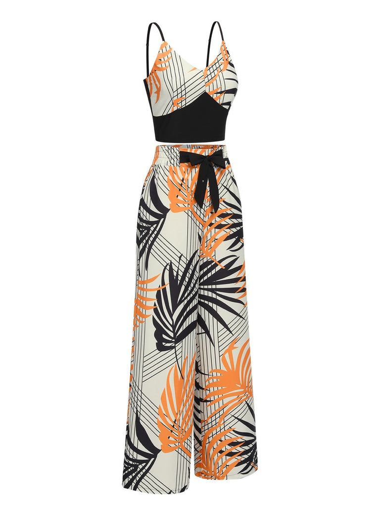 2PCS 1970s Plant Prints V-Neck Short Strap Top & Pants, vintage top, retro blouse - perfect for women who love vintage and retro fashion