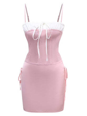 2PCS 1970s Satin Lace-Up Strap Top & Skirt - vintage skirt, retro style