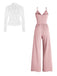 2PCS 1970s Sheer Lace Floral Top & V-Neck Jumpsuit - vintage jumpsuit, retro fashion