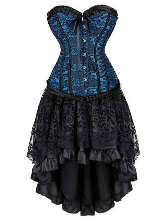 This 2PCS 1970s Steampunk Lace Corset & High Low Skirt spins 1970s stories with every step