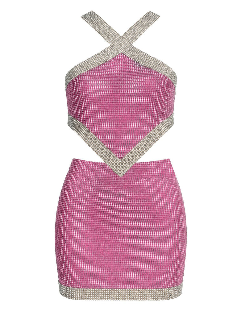 2PCS 1980s Metallic Cross Neck Top & Skirt - vintage skirt, retro style